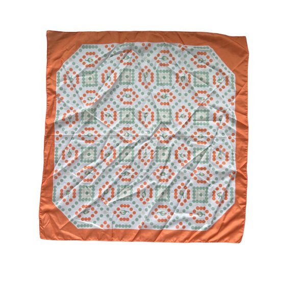 Qiana Polka Dot Square Scarf 26 Inches Orange Green Nylon Italy Hand Wash Vintag - Picture 1 of 5